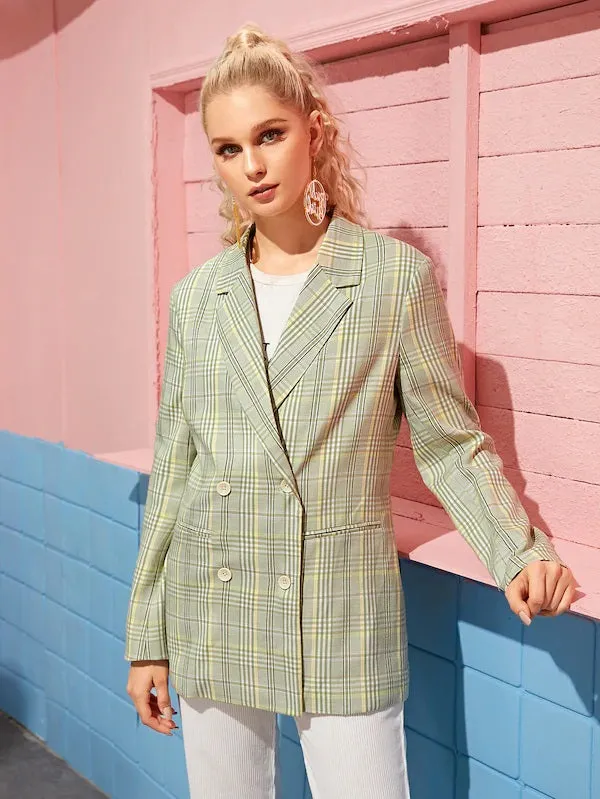 CM-CS920892 Women Elegant Seoul Style Long Sleeve Plaid Double Breasted Lapel Blazer - Green