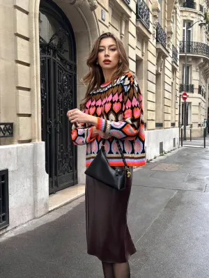 CM-CS933582 Women Casual Seoul Style Color Block Round Neck Drop Shoulder Long Sleeve Sweater