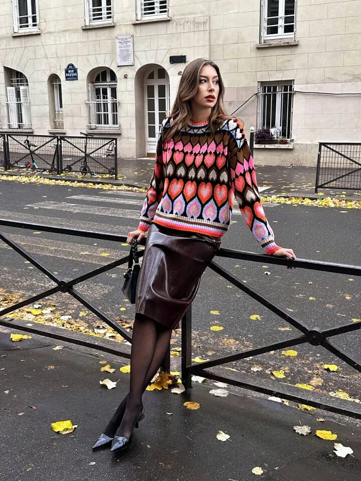 CM-CS933582 Women Casual Seoul Style Color Block Round Neck Drop Shoulder Long Sleeve Sweater