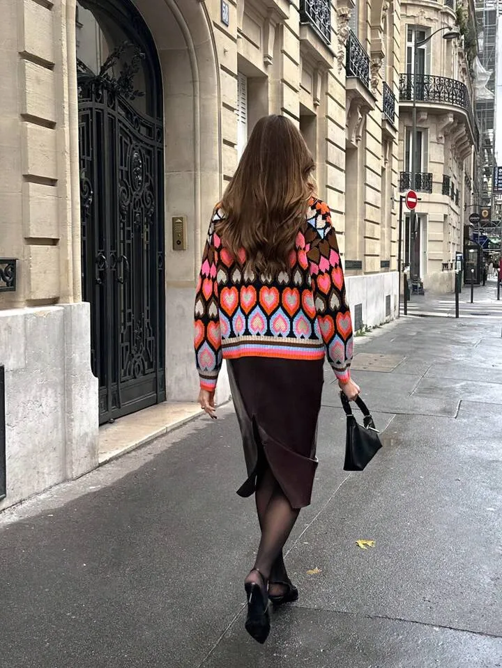 CM-CS933582 Women Casual Seoul Style Color Block Round Neck Drop Shoulder Long Sleeve Sweater