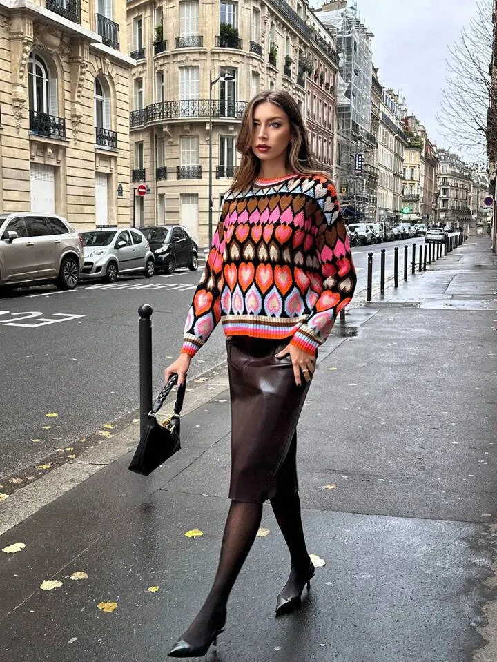 CM-CS933582 Women Casual Seoul Style Color Block Round Neck Drop Shoulder Long Sleeve Sweater