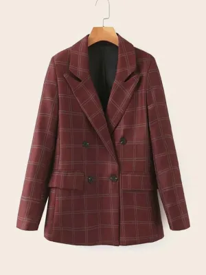 CM-JS926170 Women Elegant Seoul Style Long Sleeve Plaid Double Breasted Lapel Blazer - Wine Red