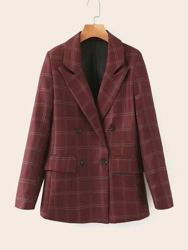 CM-JS926170 Women Elegant Seoul Style Long Sleeve Plaid Double Breasted Lapel Blazer - Wine Red