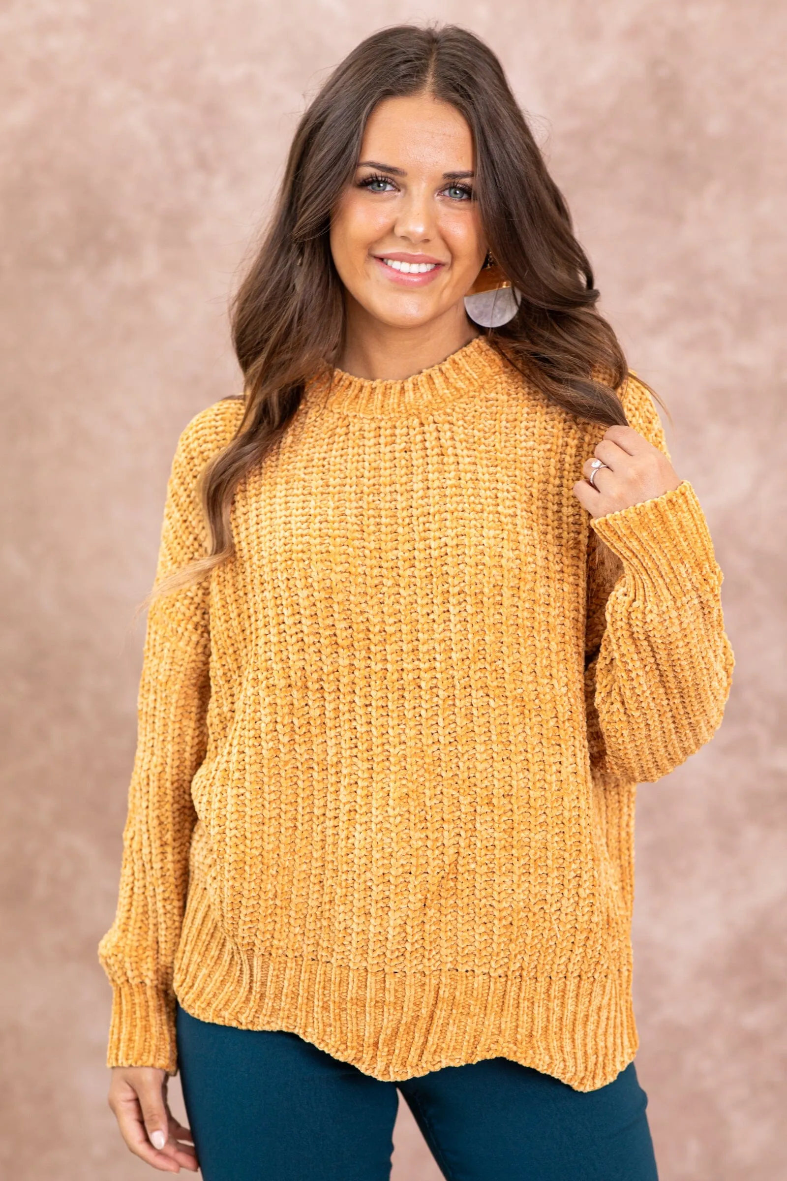 Copper Ribbed Sweater With Scallop Trim