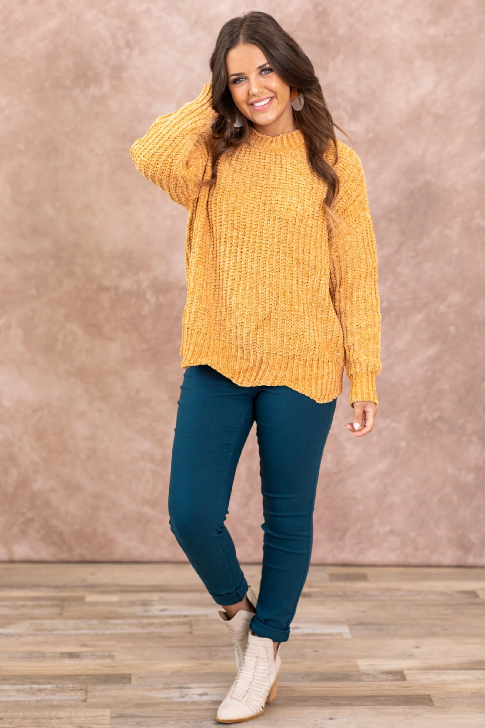 Copper Ribbed Sweater With Scallop Trim