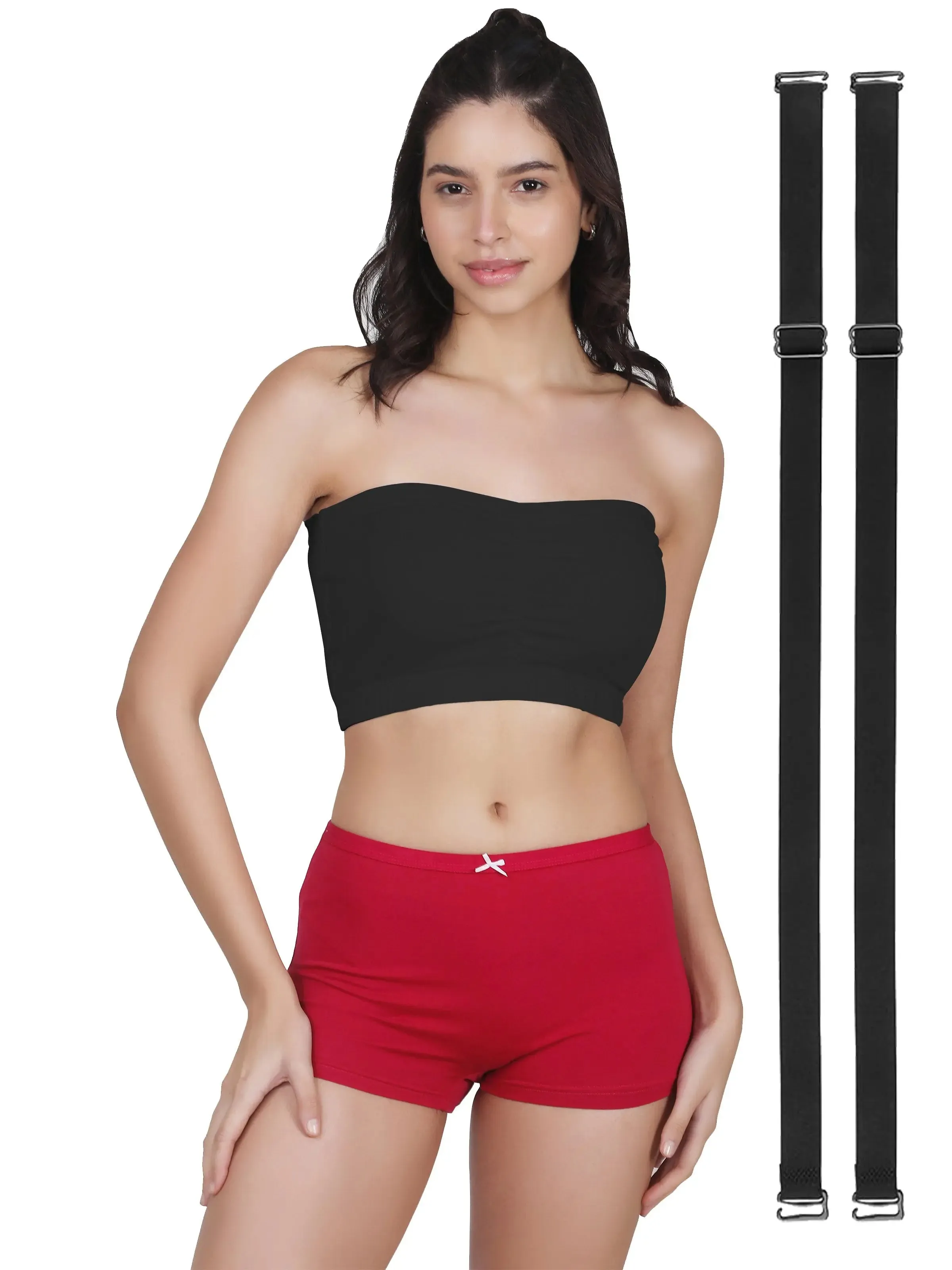 Cotton Strapless Tube Bra For Womens| Bandeau Bra With Removable Pads | Black Tube Top With Straps Pack Of 2