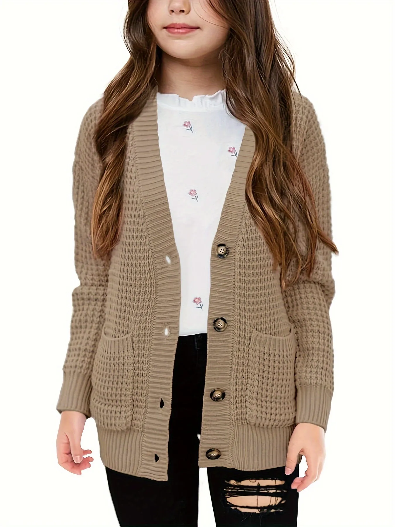 Cozy Girls' Knit Cardigan Sweaters - Open Front, Button Down, Pockets, Soft, Warm, and Comfortable for Everyday Wear - Perfect for School, Casual Outings, and Layering