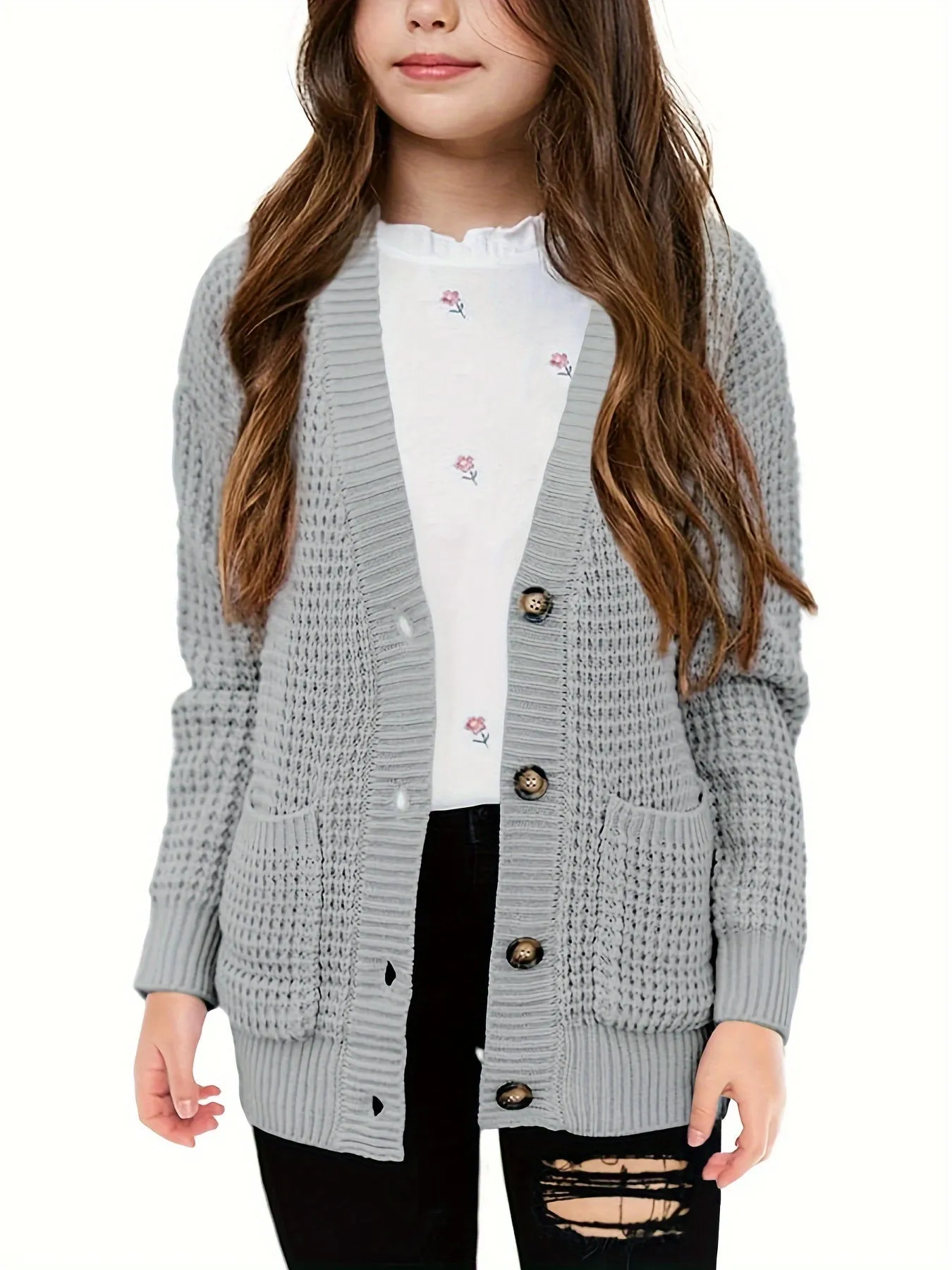 Cozy Girls' Knit Cardigan Sweaters - Open Front, Button Down, Pockets, Soft, Warm, and Comfortable for Everyday Wear - Perfect for School, Casual Outings, and Layering