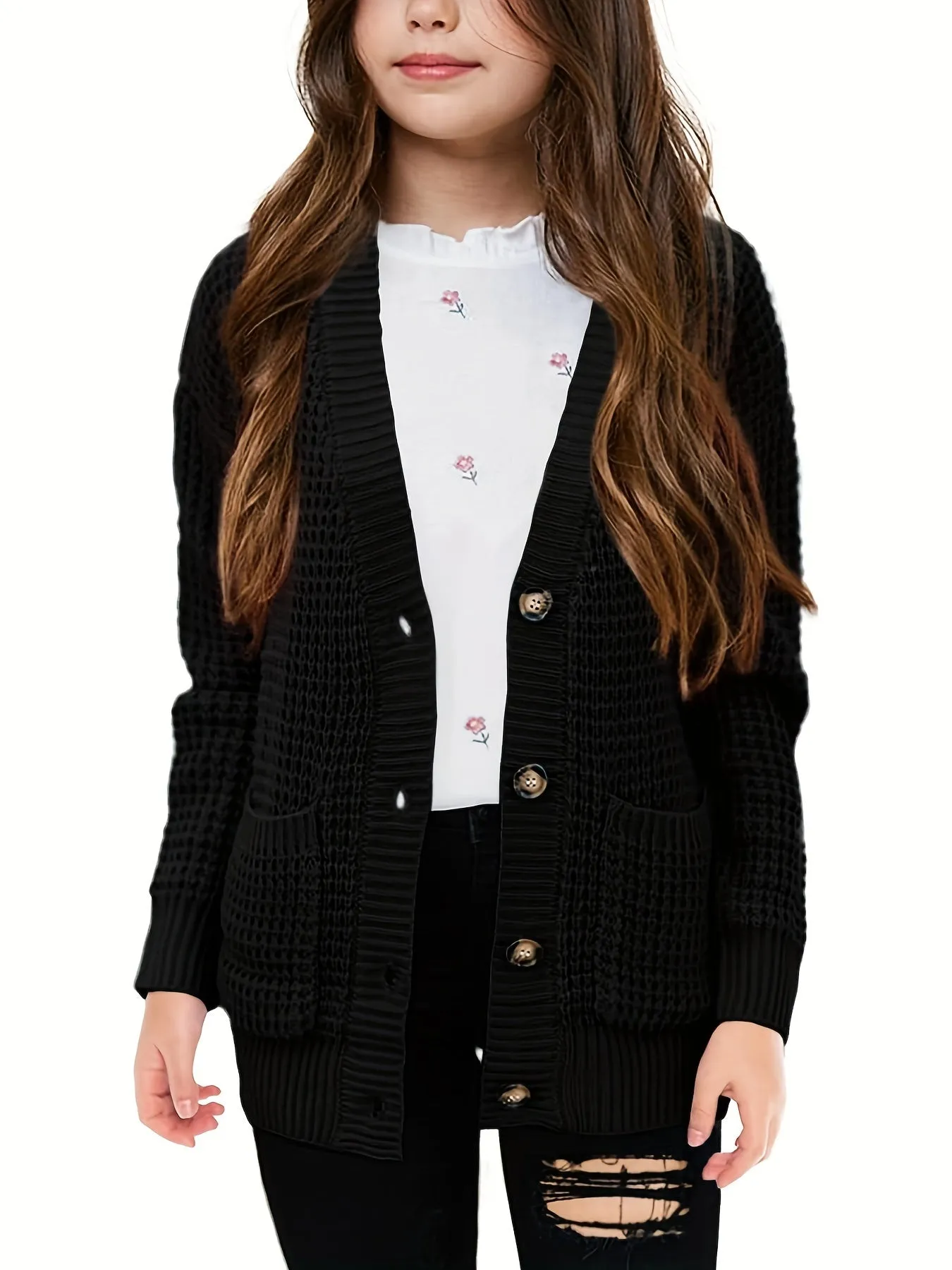 Cozy Girls' Knit Cardigan Sweaters - Open Front, Button Down, Pockets, Soft, Warm, and Comfortable for Everyday Wear - Perfect for School, Casual Outings, and Layering