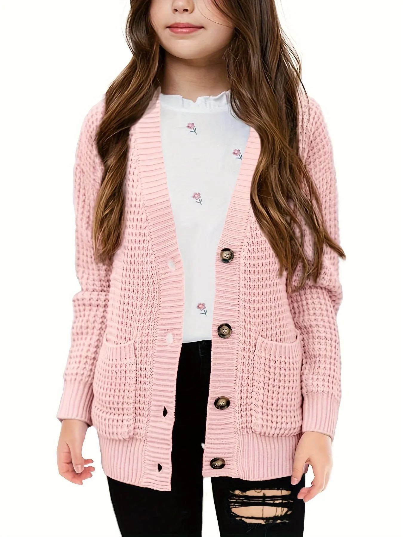 Cozy Girls' Knit Cardigan Sweaters - Open Front, Button Down, Pockets, Soft, Warm, and Comfortable for Everyday Wear - Perfect for School, Casual Outings, and Layering