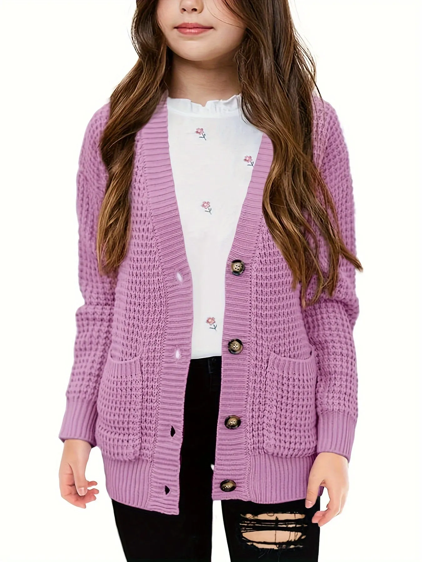 Cozy Girls' Knit Cardigan Sweaters - Open Front, Button Down, Pockets, Soft, Warm, and Comfortable for Everyday Wear - Perfect for School, Casual Outings, and Layering