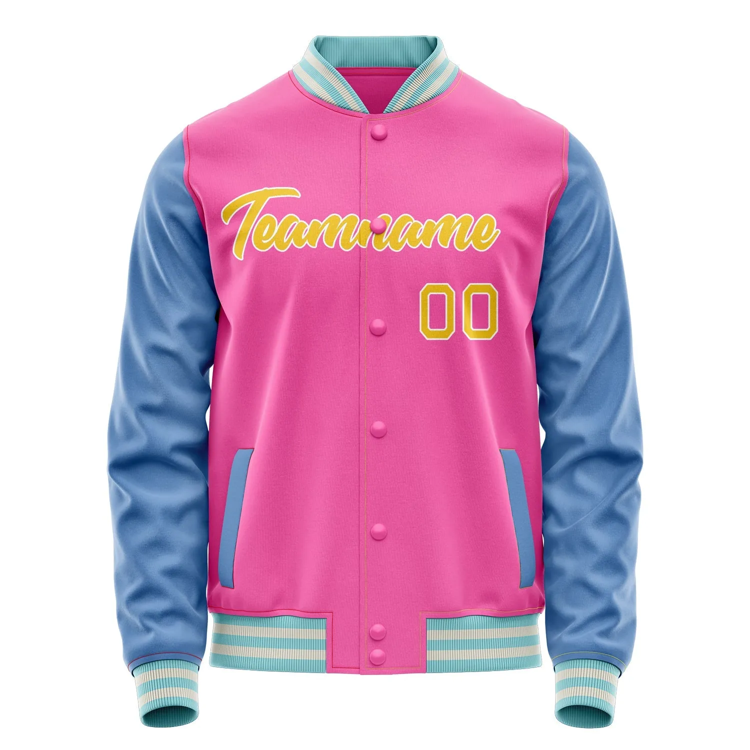 Custom Pink Light-Blue Solid Color Varsity Letterman Jacket