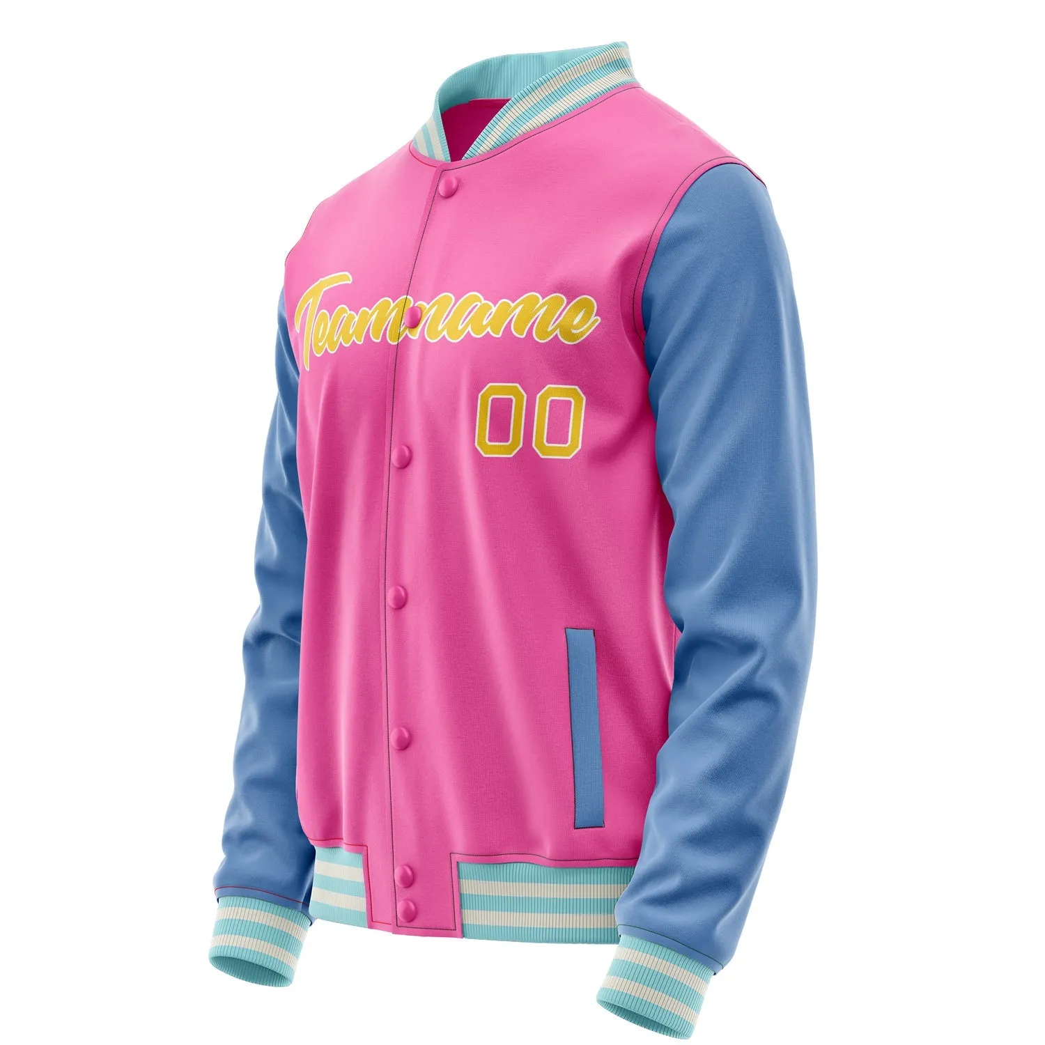 Custom Pink Light-Blue Solid Color Varsity Letterman Jacket