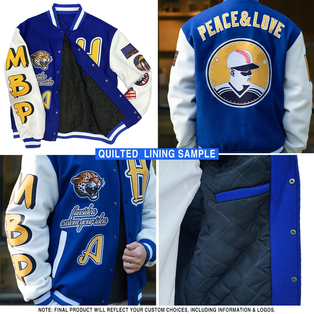 Custom Pink Light Blue-White Bomber Full-Snap Varsity Letterman Jacket
