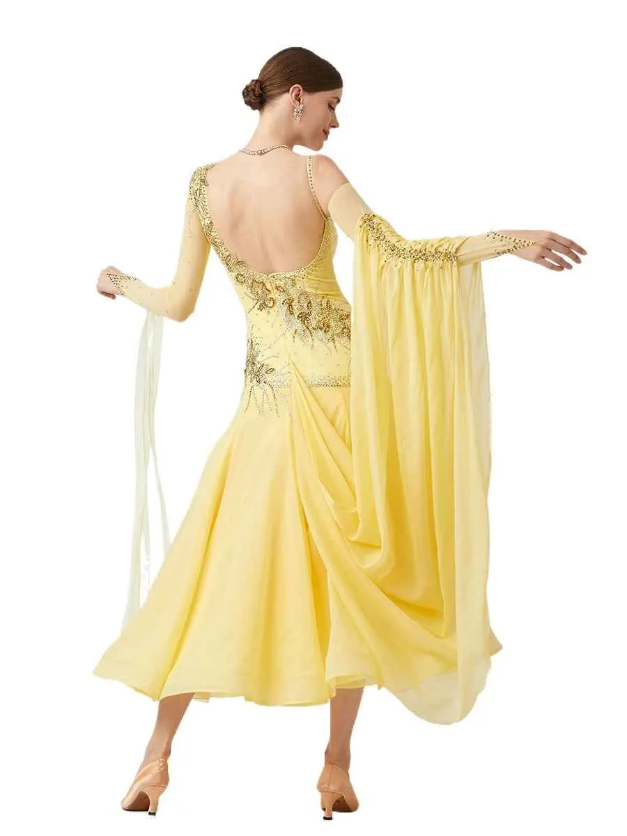 Custom Size Yellow Competition Ballroom Dance Dresses for Women One Shoulder Standard Waltz Tango Rhytm Smooth Dance Long Gown