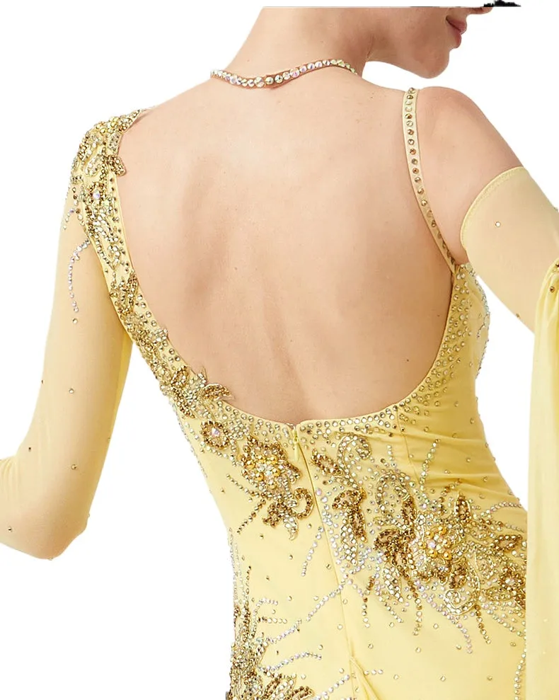 Custom Size Yellow Competition Ballroom Dance Dresses for Women One Shoulder Standard Waltz Tango Rhytm Smooth Dance Long Gown