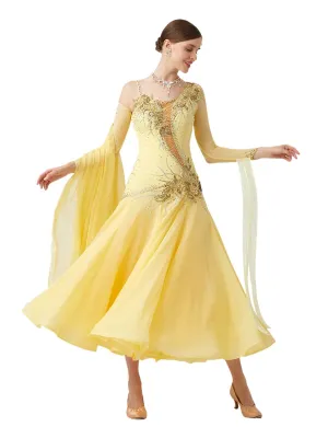 Custom Size Yellow Competition Ballroom Dance Dresses for Women One Shoulder Standard Waltz Tango Rhytm Smooth Dance Long Gown