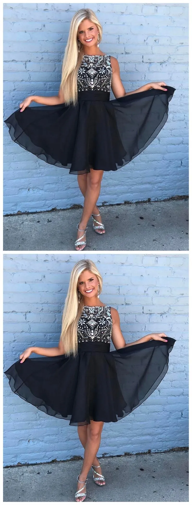 Cute Rhinestone Beaded Chiffon Short Black Homecoming Dresses, CM492