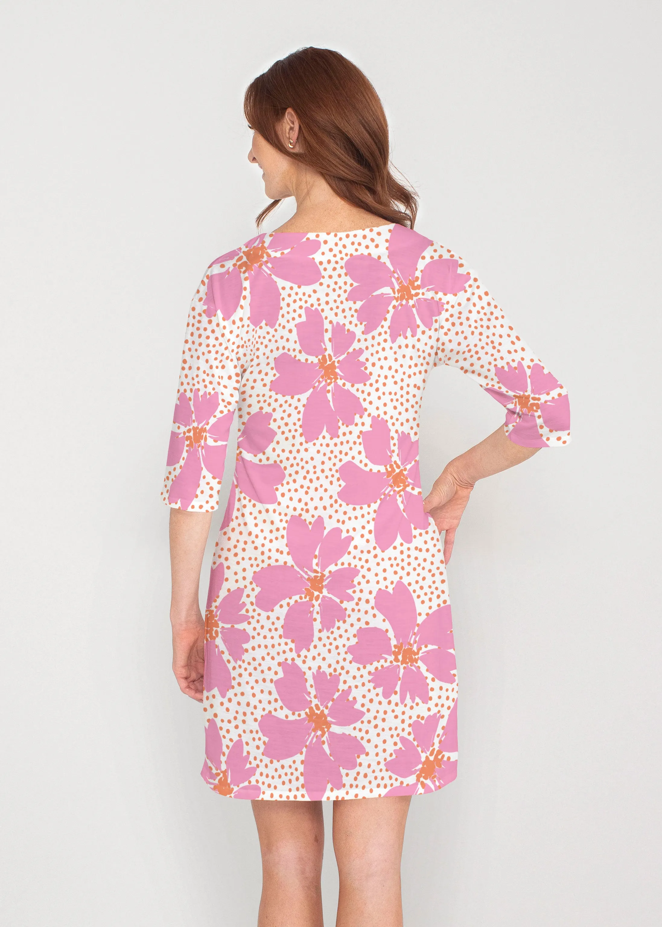 Daisy Dots Pink (8079) ~ Drop Shoulder 3/4 Sleeve V-Neck Dress