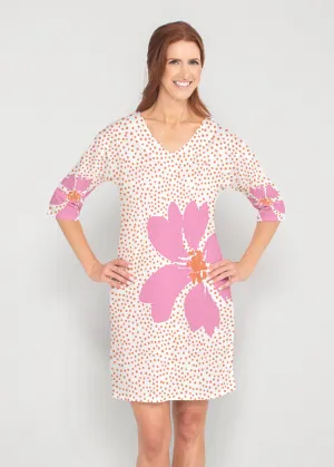 Daisy Dots Pink (8079) ~ Drop Shoulder 3/4 Sleeve V-Neck Dress