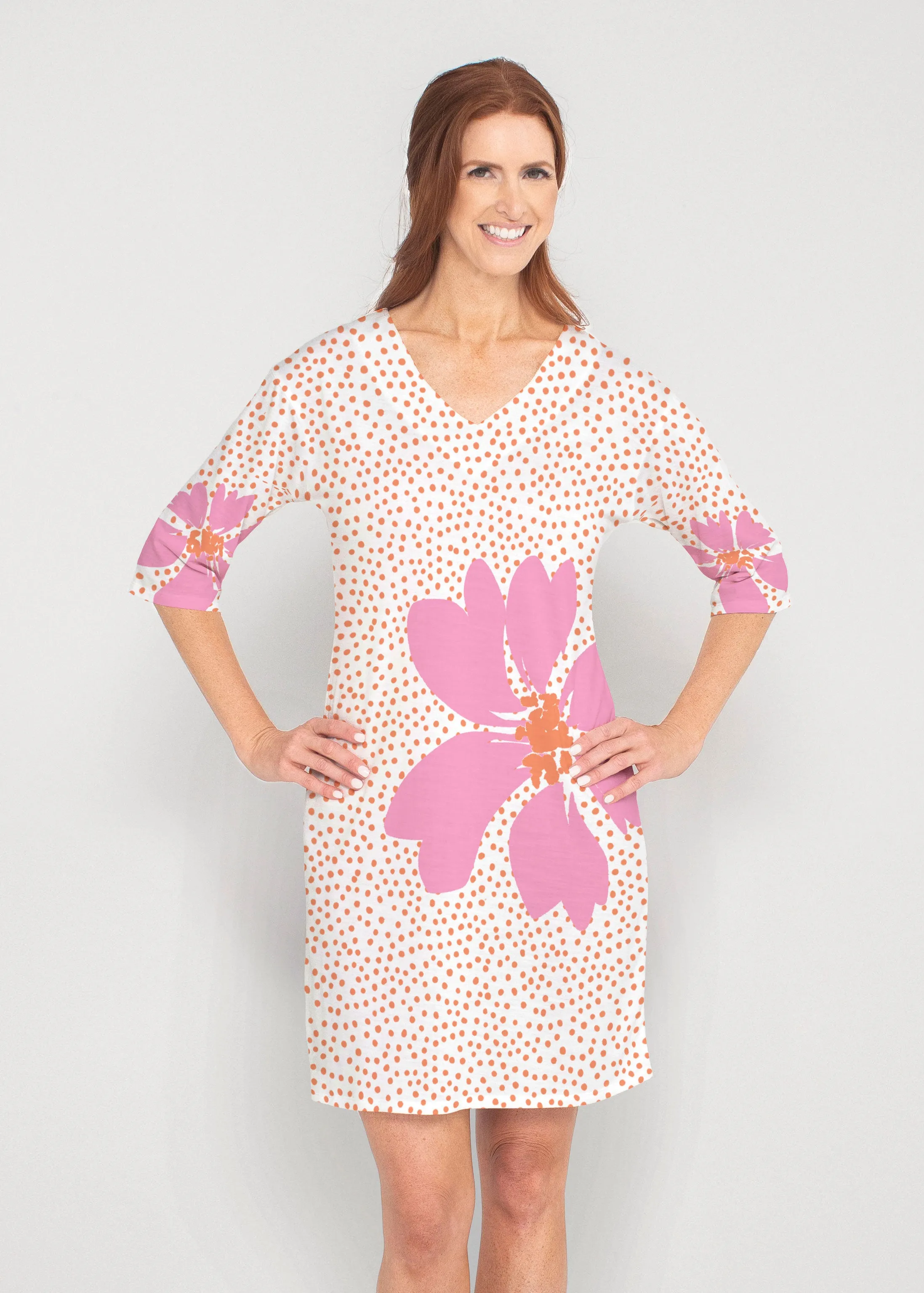 Daisy Dots Pink (8079) ~ Drop Shoulder 3/4 Sleeve V-Neck Dress