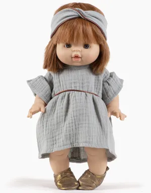Daisy dress in verdigris double gauze with coppery orange piping and its crossed headband