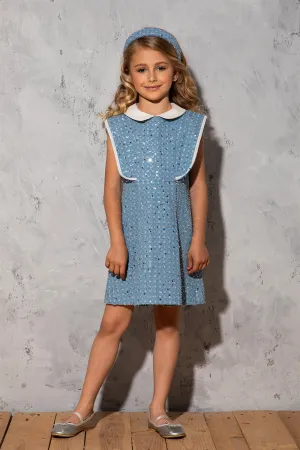 Denim dress with silver sequins and white collar