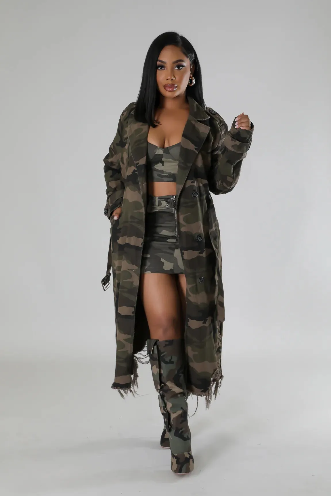 Distressed Camouflage Longline Coat with Raw Hem Detailing