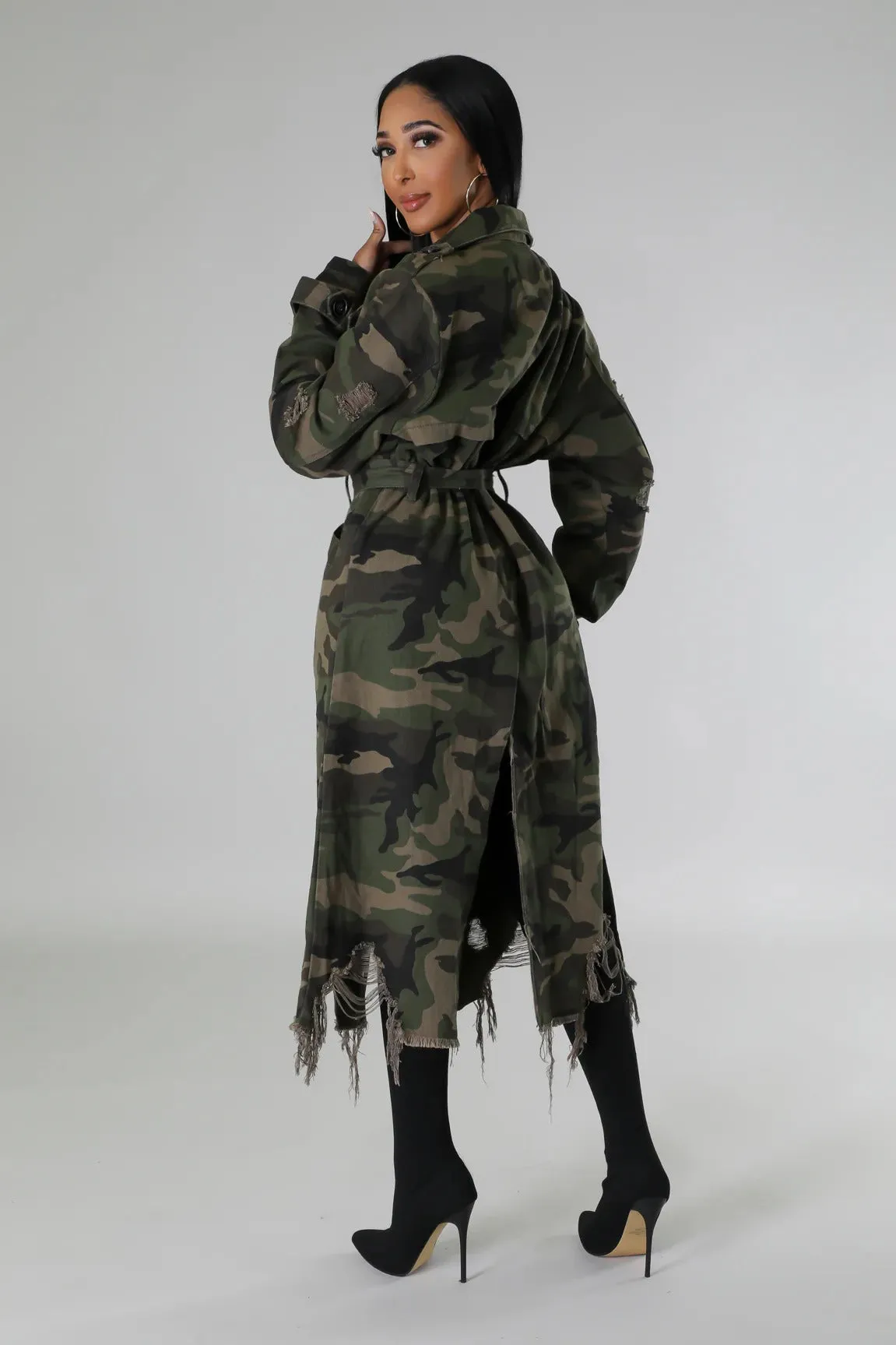 Distressed Camouflage Longline Coat with Raw Hem Detailing