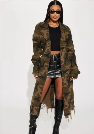 Distressed Camouflage Longline Coat with Raw Hem Detailing