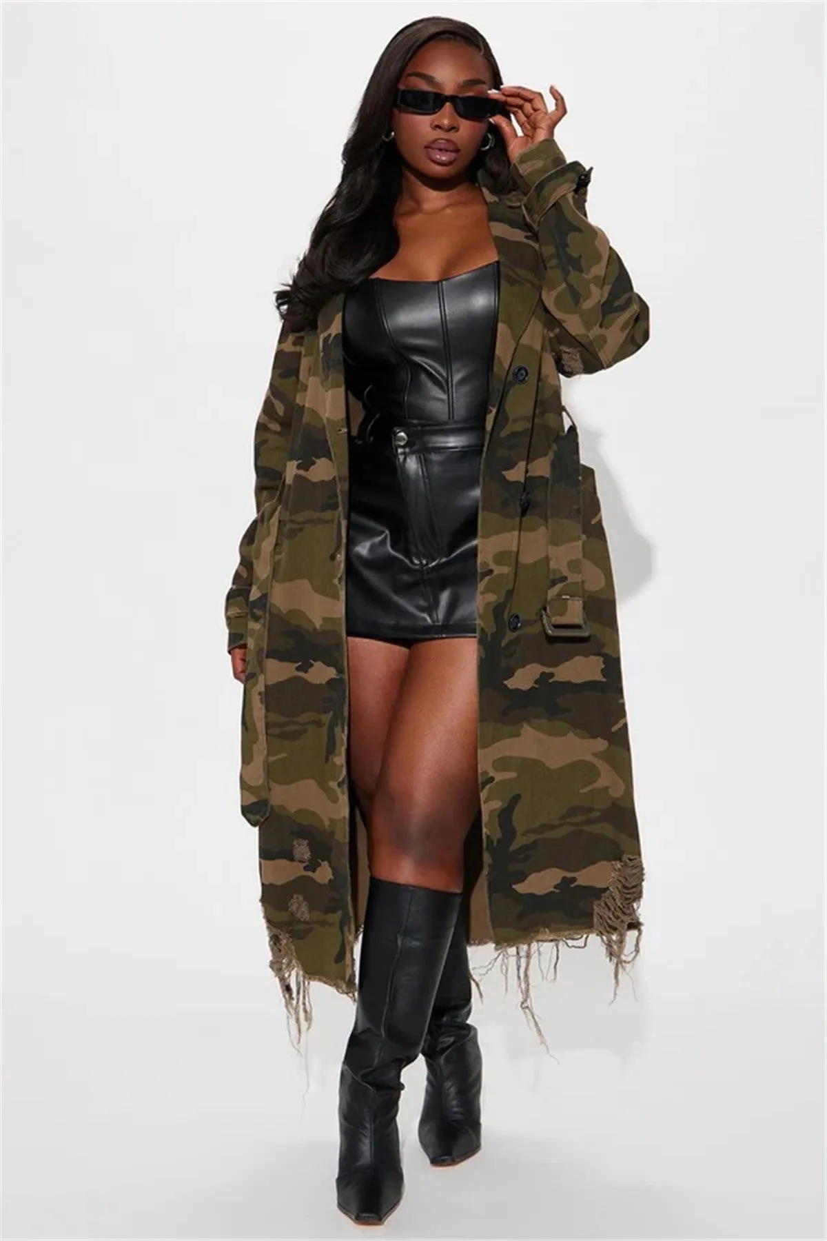 Distressed Camouflage Longline Coat with Raw Hem Detailing