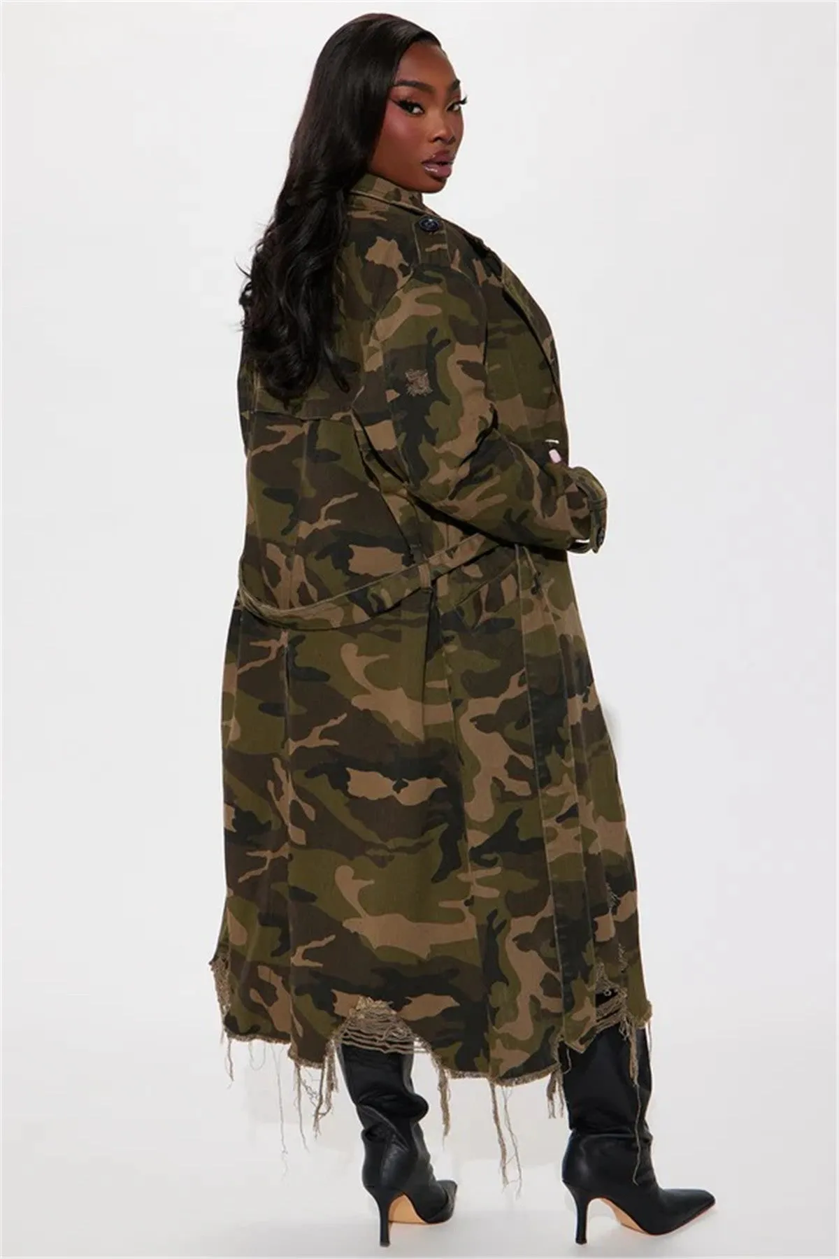 Distressed Camouflage Longline Coat with Raw Hem Detailing