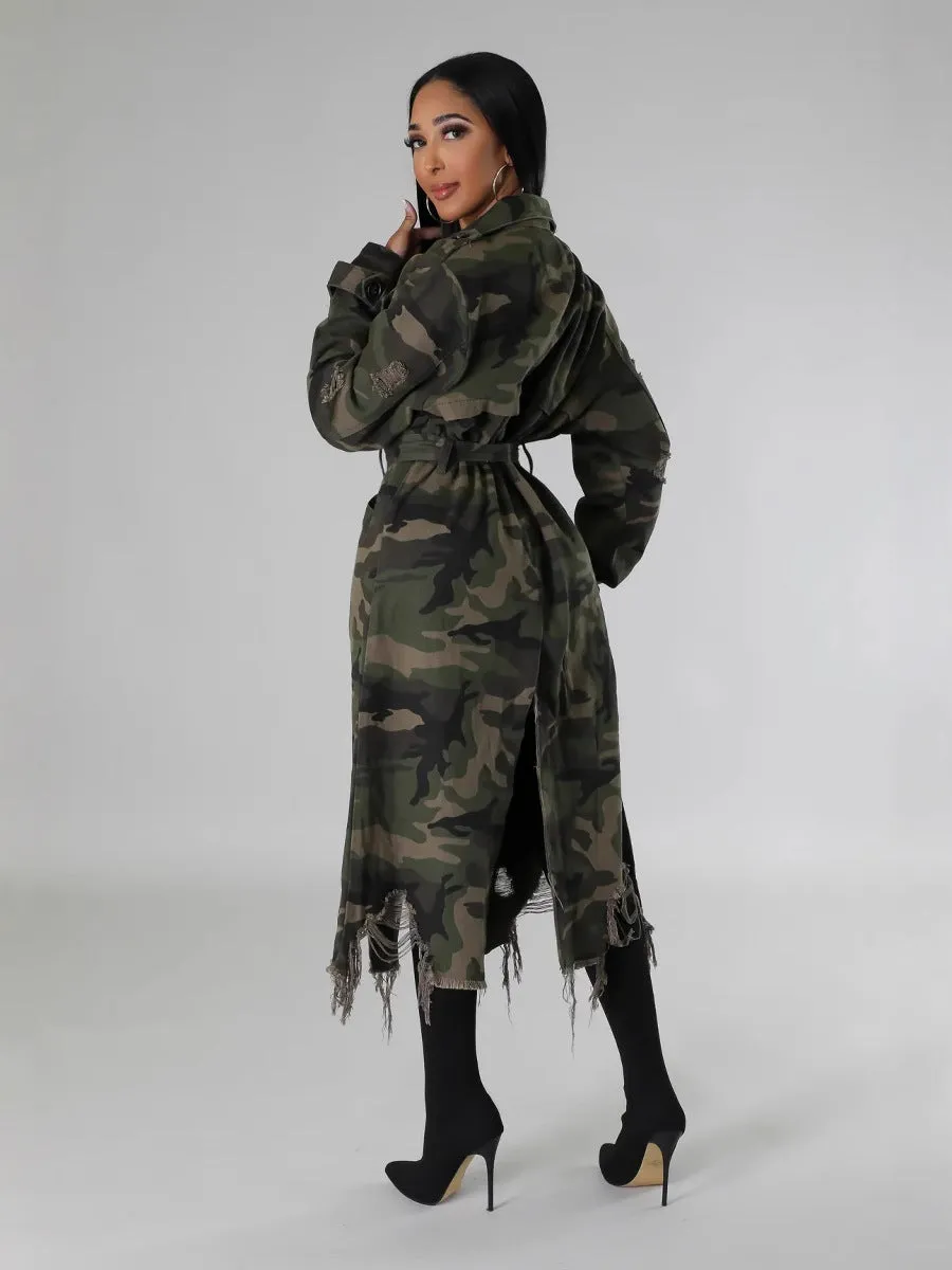 Distressed Camouflage Longline Coat with Raw Hem Detailing