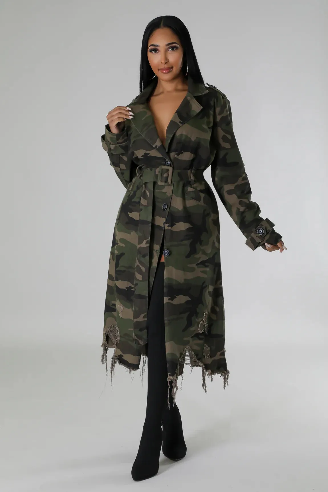 Distressed Camouflage Longline Coat with Raw Hem Detailing