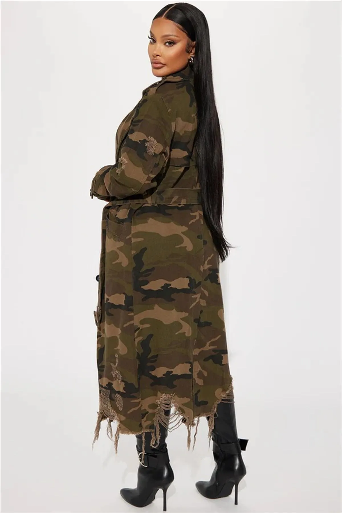 Distressed Camouflage Longline Coat with Raw Hem Detailing