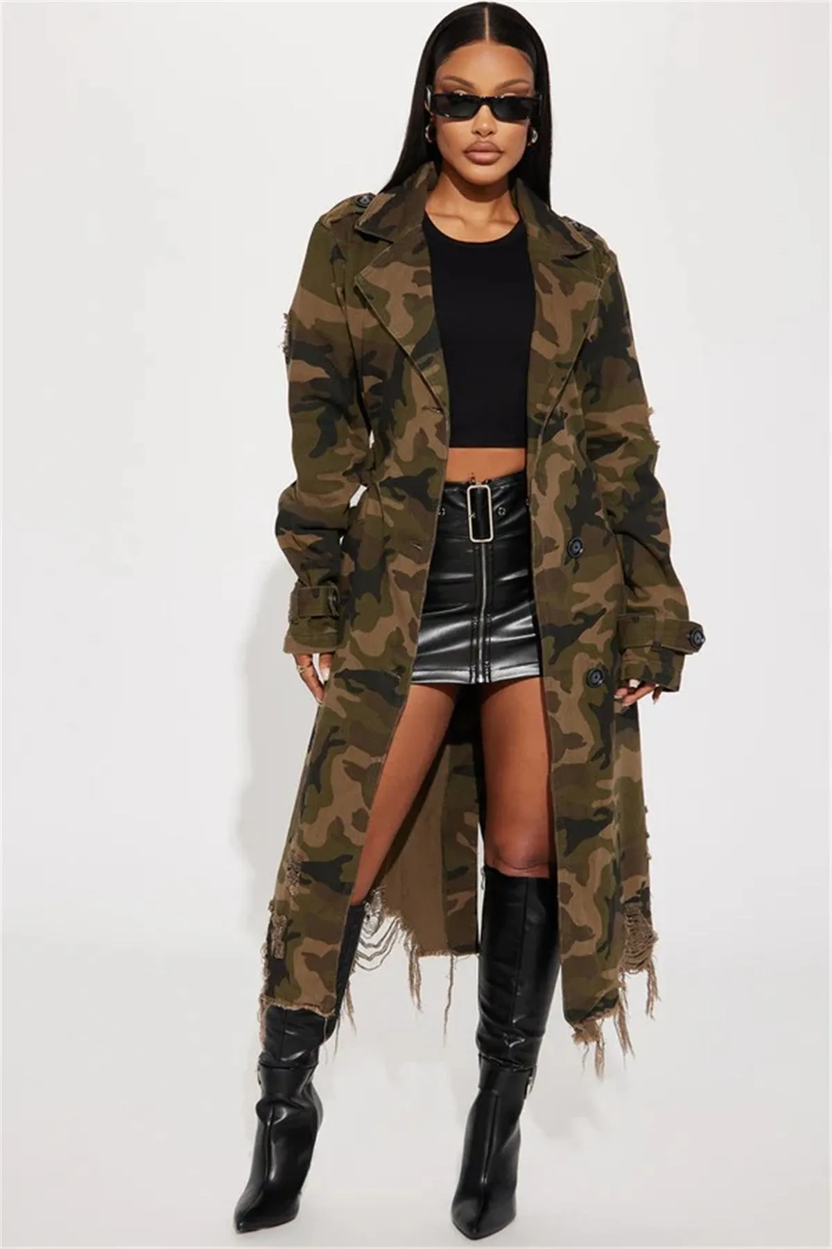 Distressed Camouflage Longline Coat with Raw Hem Detailing