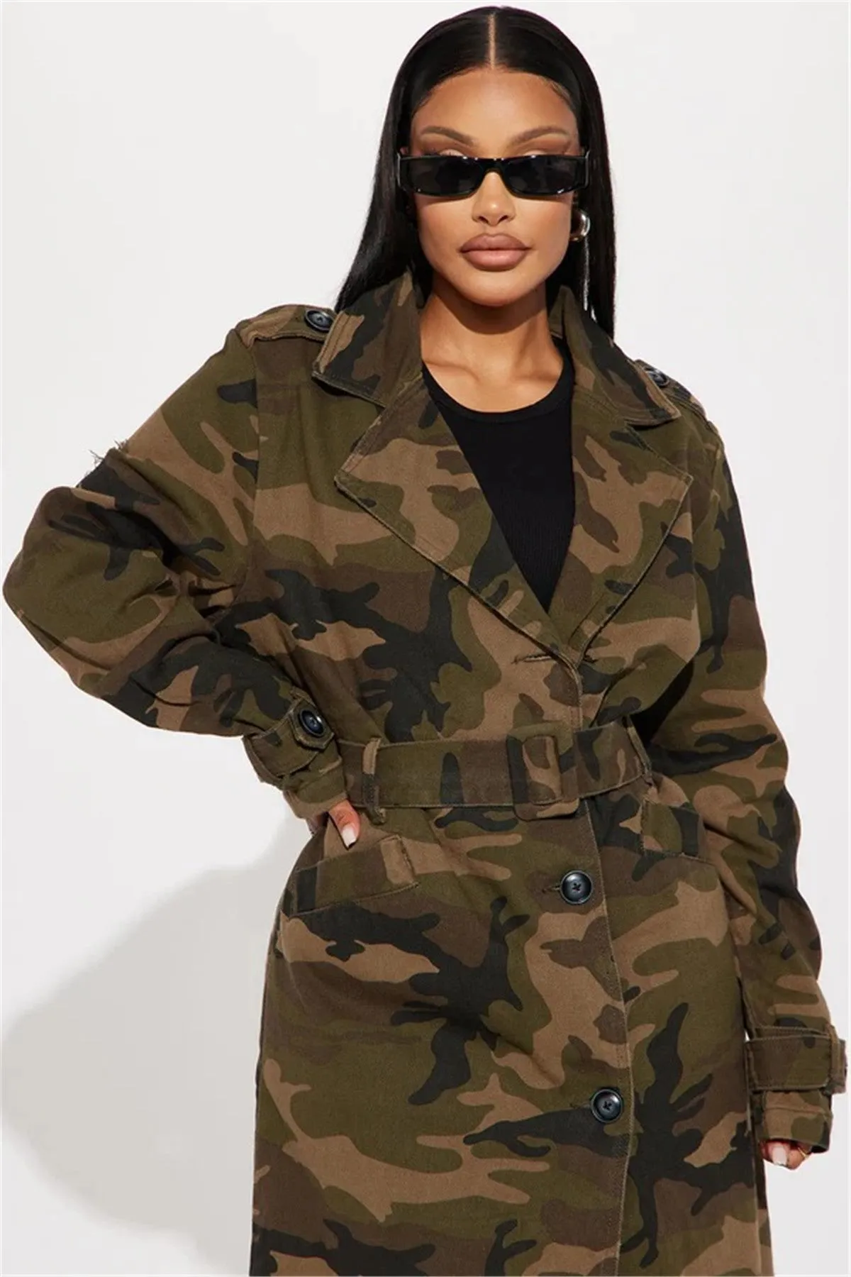 Distressed Camouflage Longline Coat with Raw Hem Detailing