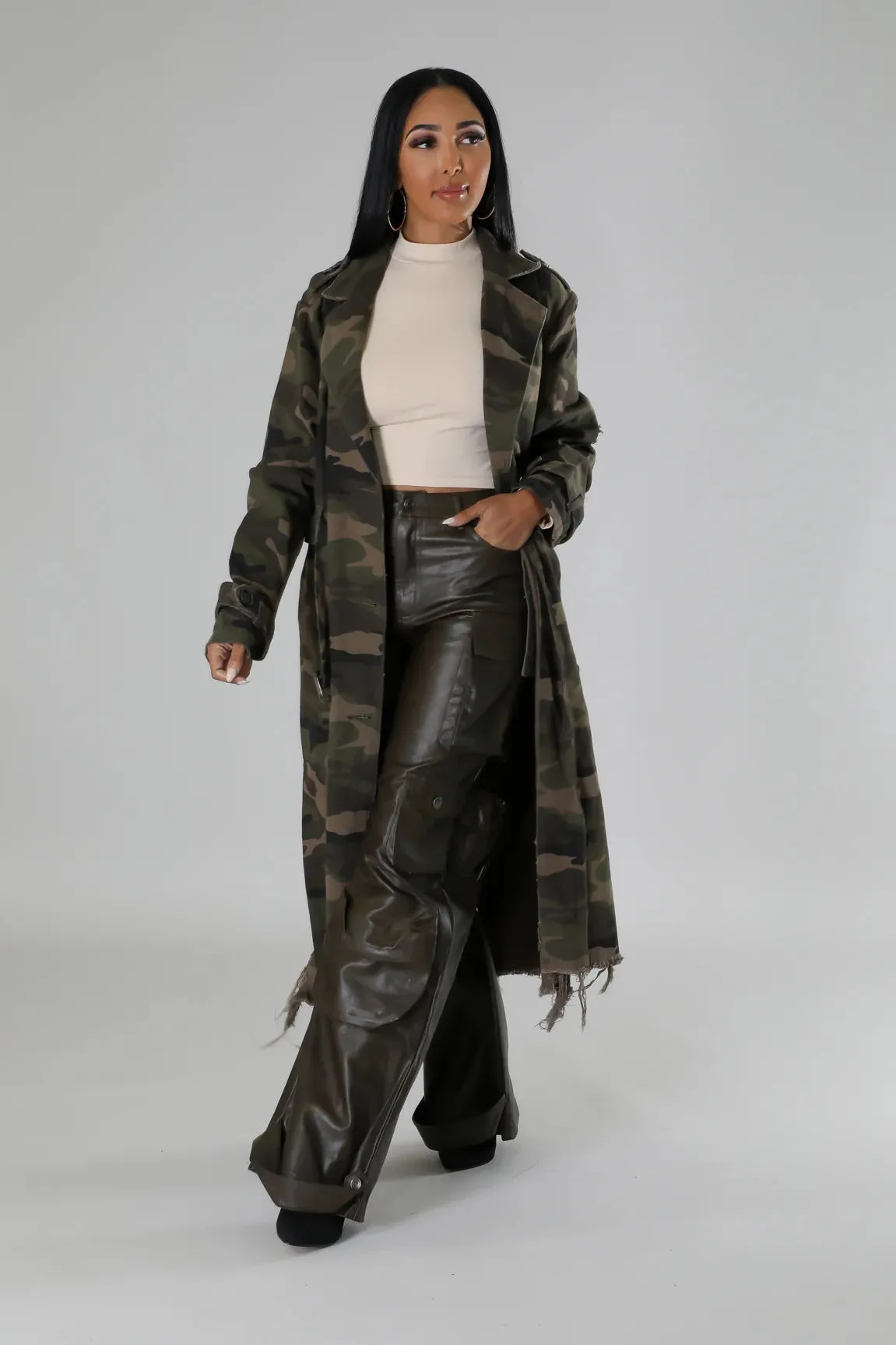 Distressed Camouflage Longline Coat with Raw Hem Detailing