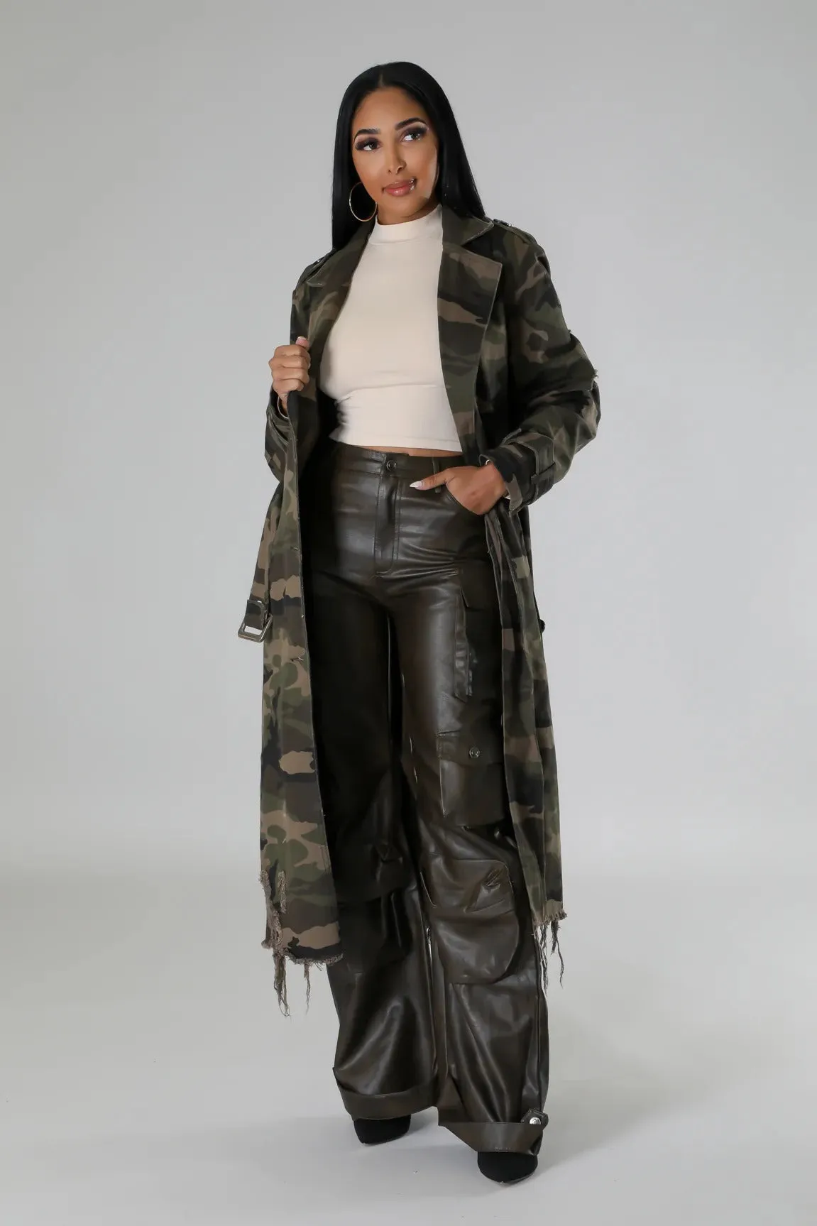 Distressed Camouflage Longline Coat with Raw Hem Detailing