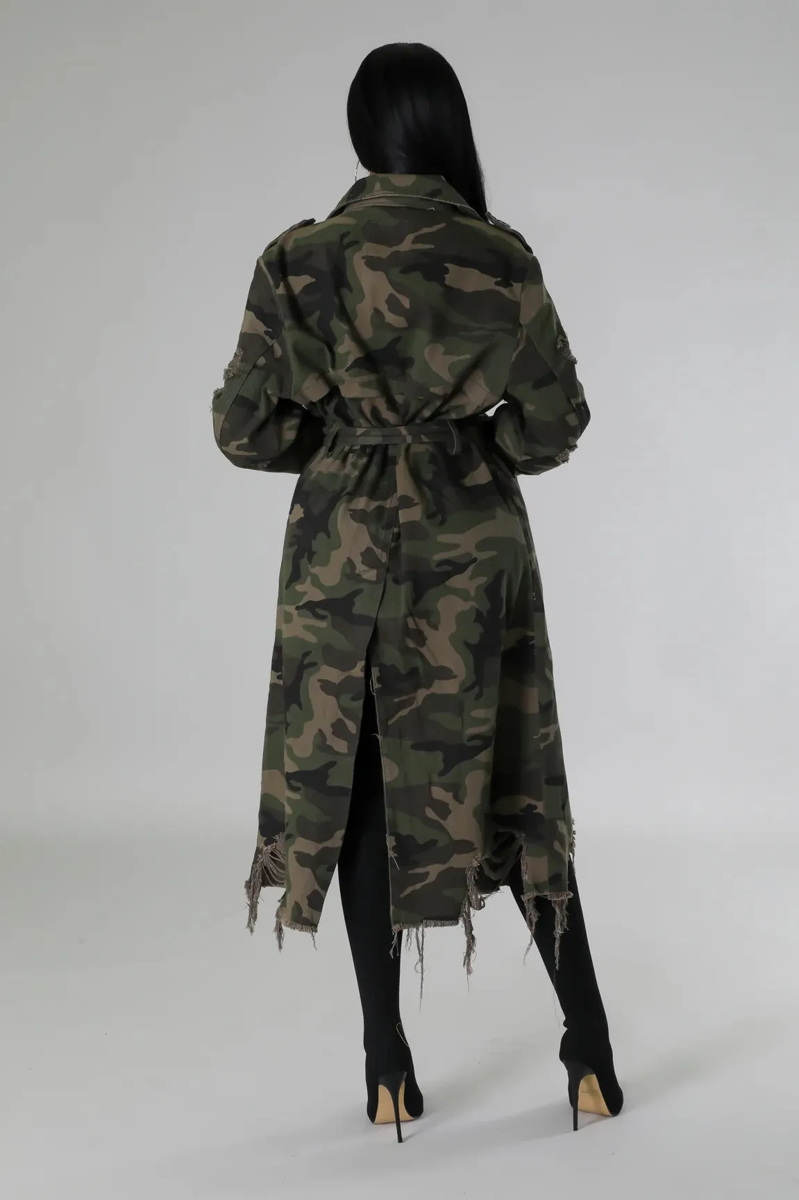 Distressed Camouflage Longline Coat with Raw Hem Detailing