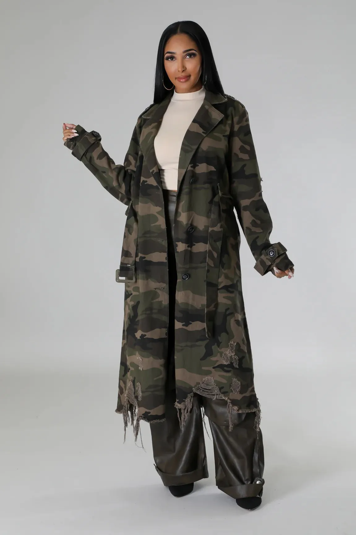 Distressed Camouflage Longline Coat with Raw Hem Detailing