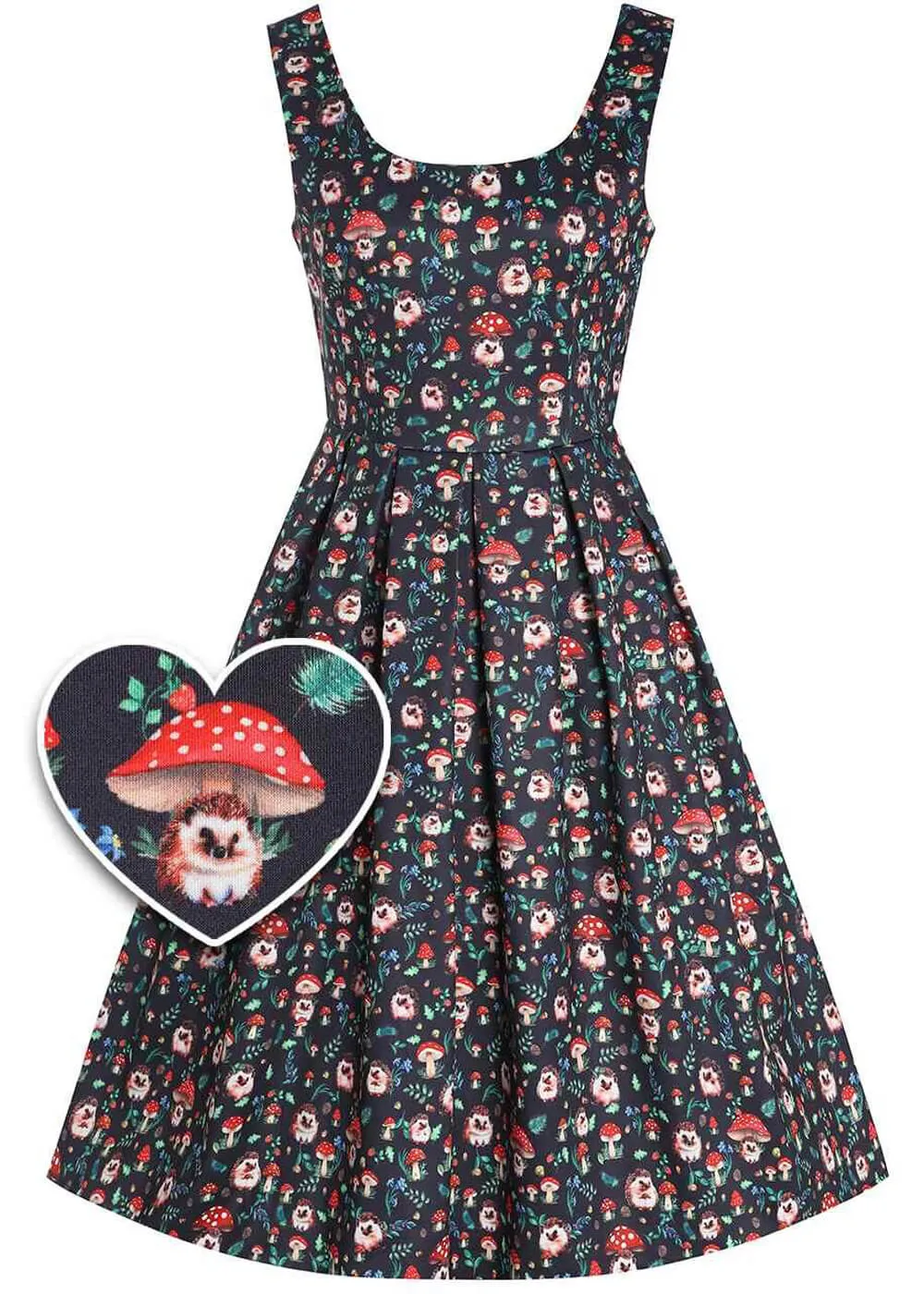 Dolly & Dotty Amanda Hedgehog Mushroom 50's Swing Dress Black