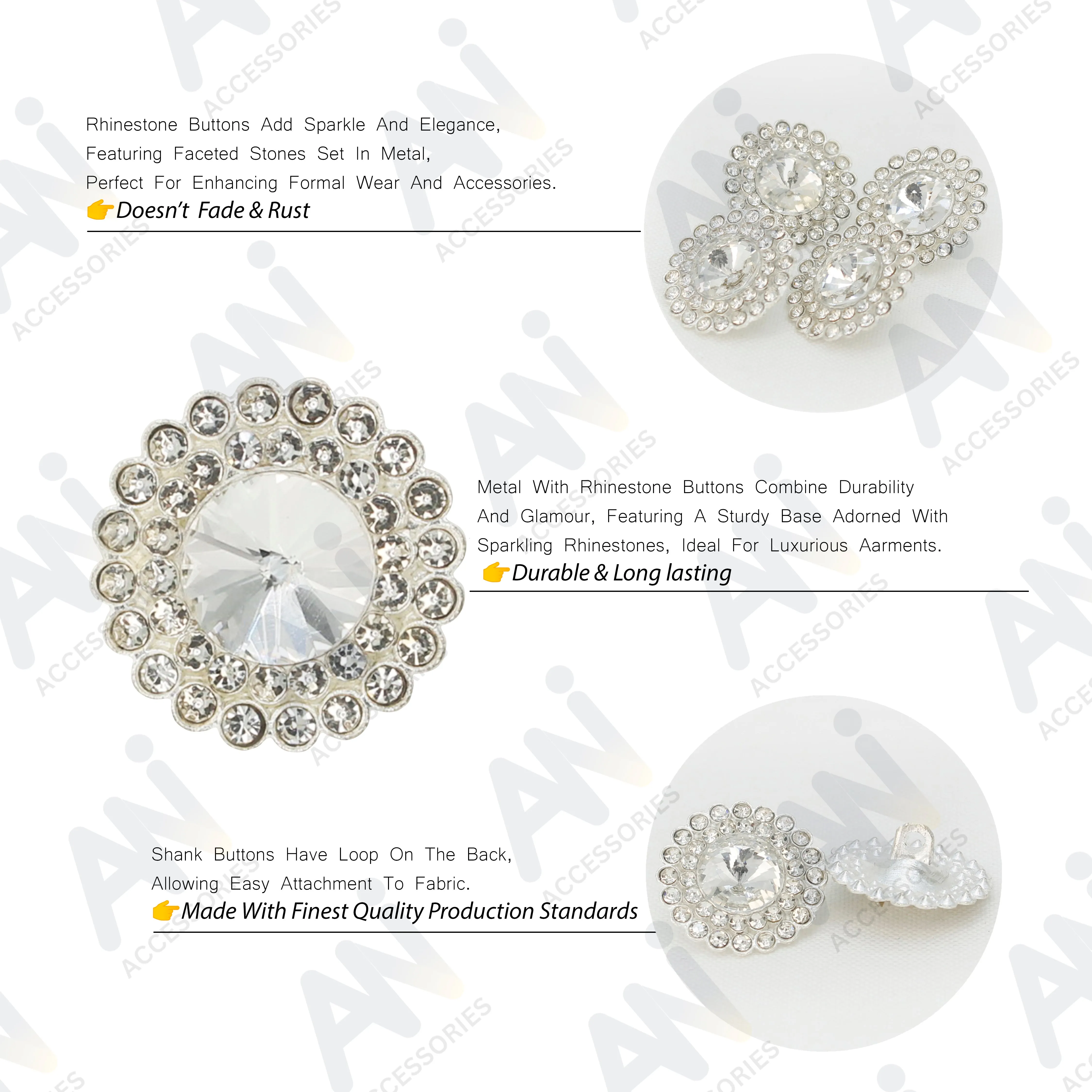 Dome Rhinestone Floral Design Metal Buttons