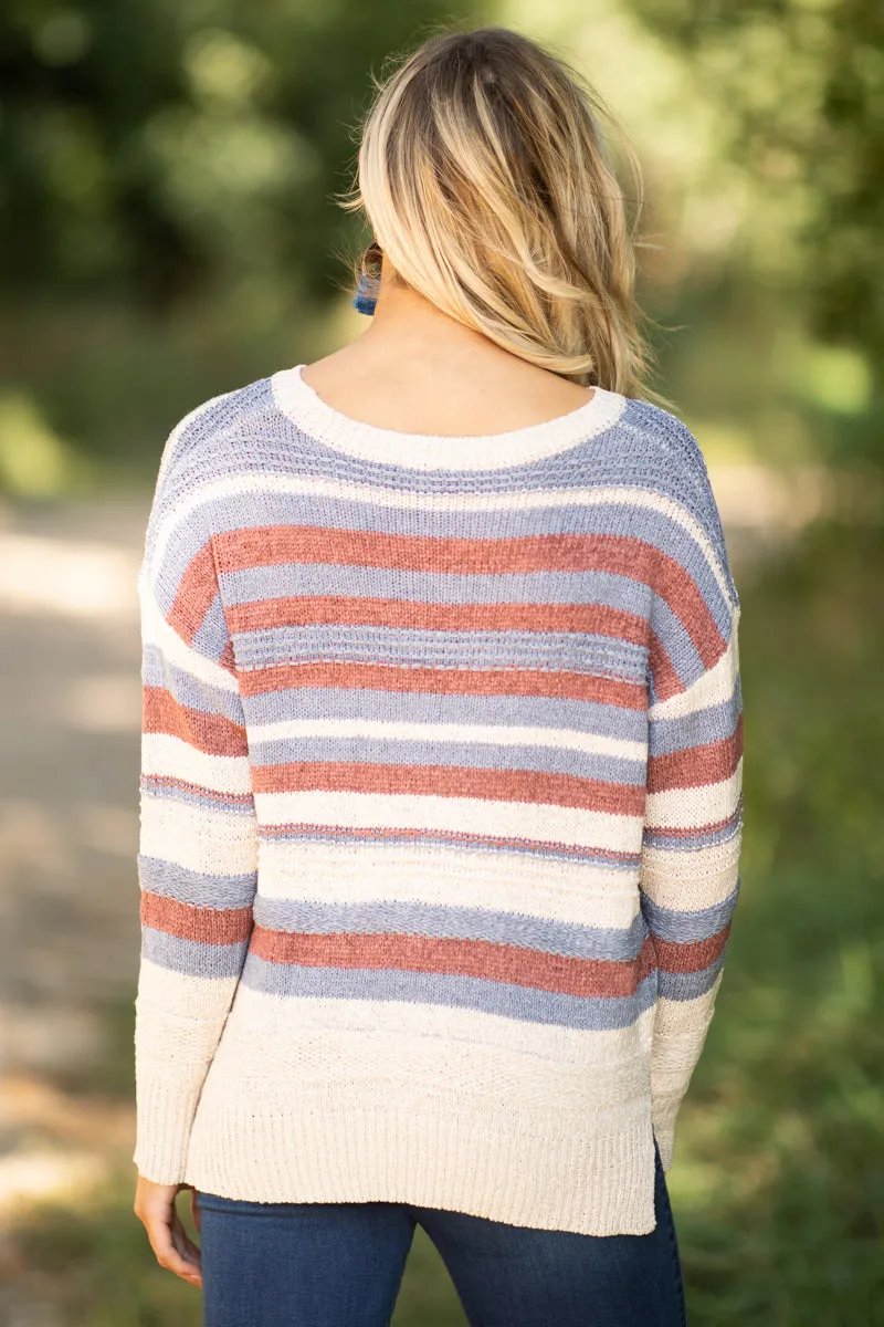 Dusty Blue and Wine Stripe Sweater