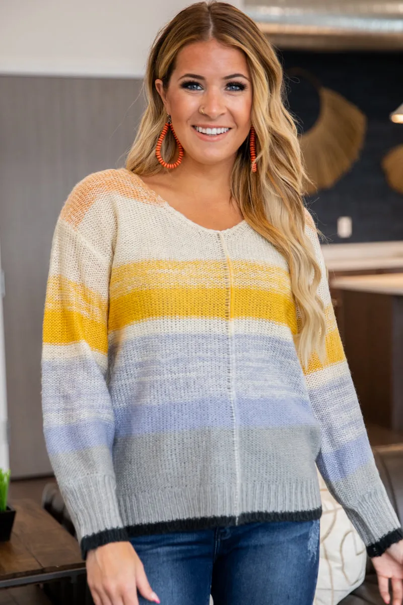Dusty Blue Multicolor Ombre Stripe Sweater
