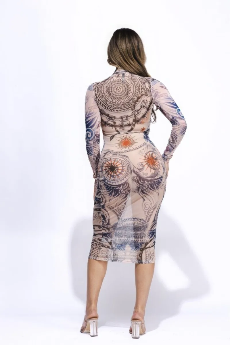 Edgy Tattoo Print Mesh Midi Dress