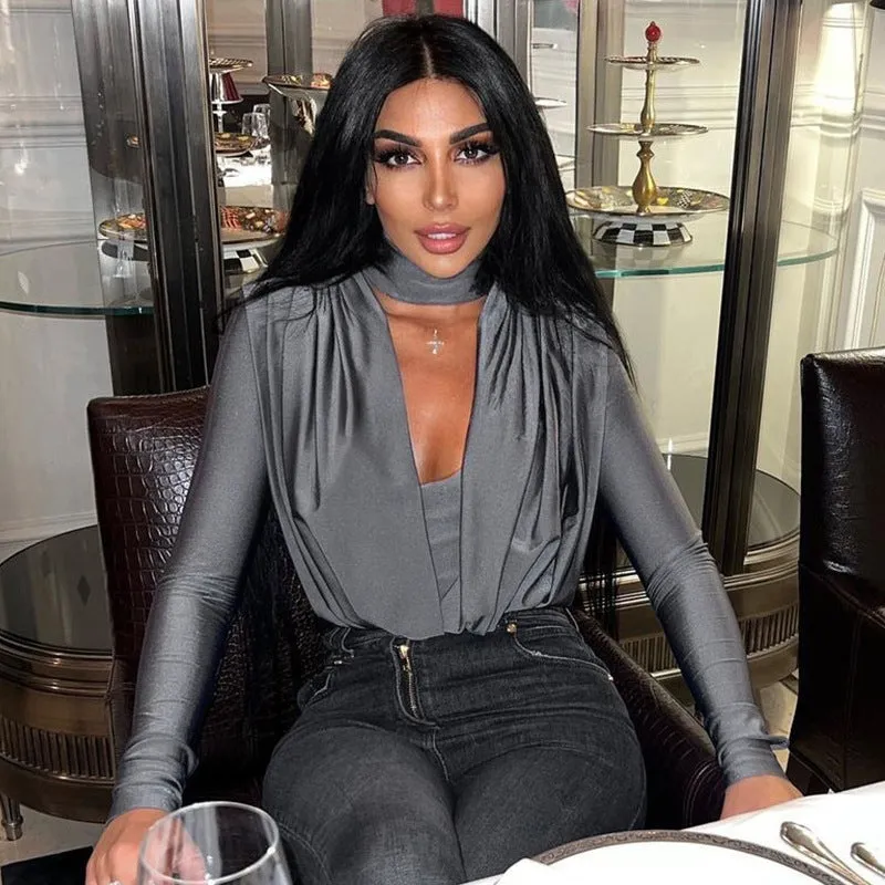 Elegant Draped V-Neck Long Sleeve Bodysuit with High-Cut Silhouette