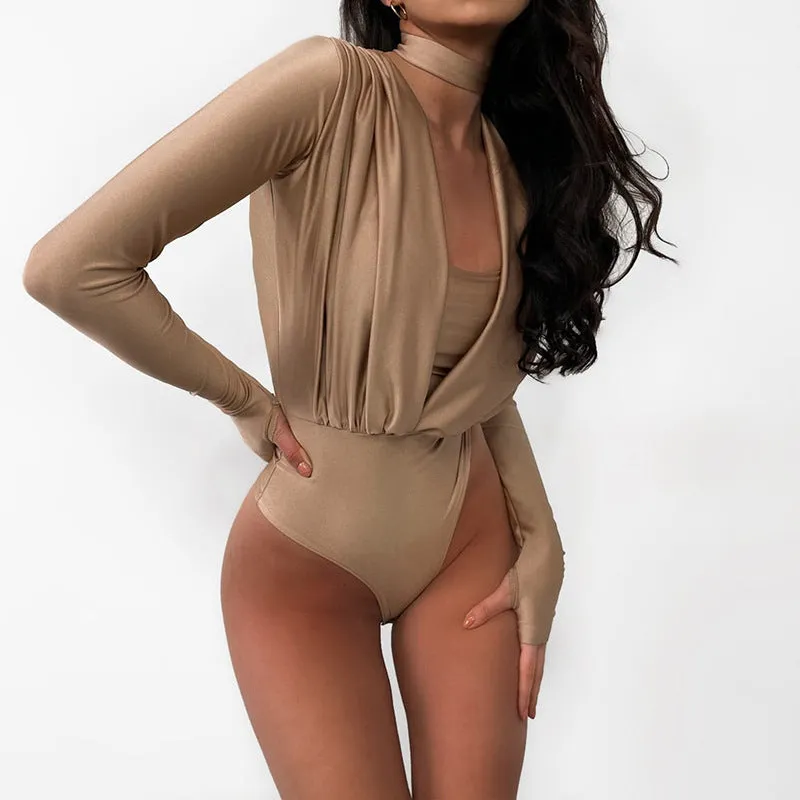 Elegant Draped V-Neck Long Sleeve Bodysuit with High-Cut Silhouette