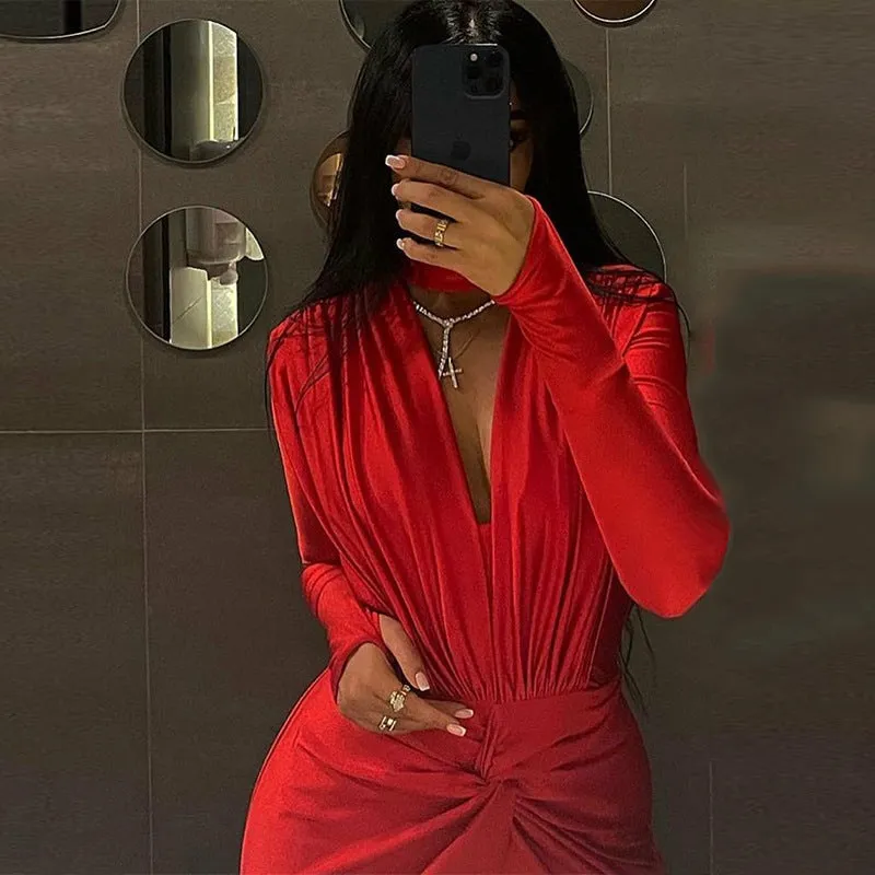 Elegant Draped V-Neck Long Sleeve Bodysuit with High-Cut Silhouette