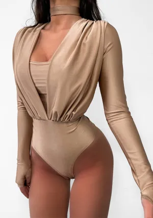 Elegant Draped V-Neck Long Sleeve Bodysuit with High-Cut Silhouette